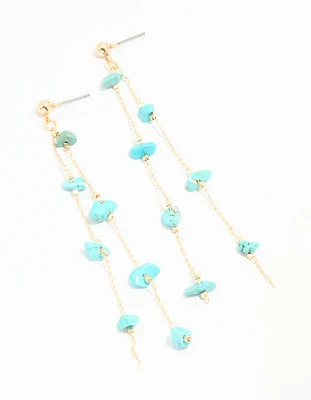 Gold Blue Semi Precious Stone Statement Chain Drop Earrings