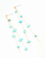 Gold Blue Semi Precious Stone Statement Chain Drop Earrings