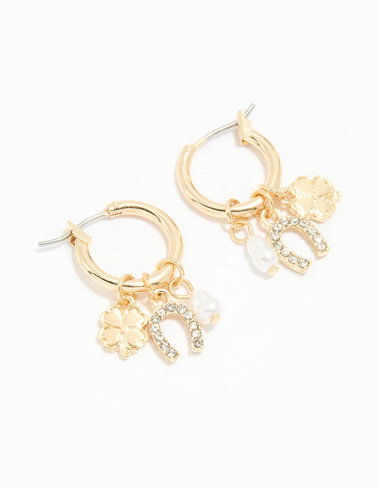 Gold Diamante Horseshoe & Clover Huggie Earrings