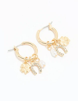 Gold Diamante Horseshoe & Clover Huggie Earrings