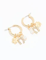 Gold Diamante Horseshoe & Clover Huggie Earrings