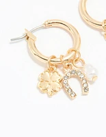 Gold Diamante Horseshoe & Clover Huggie Earrings