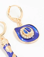 Gold Blue Enamel Mixed Cowgirl Huggie Earrings