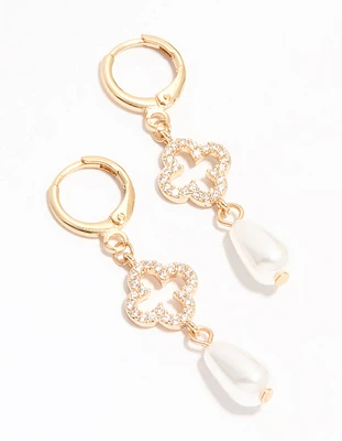 Gold Diamante Pearl Floral Huggie Earrings