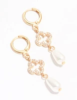 Gold Diamante Pearl Floral Huggie Earrings