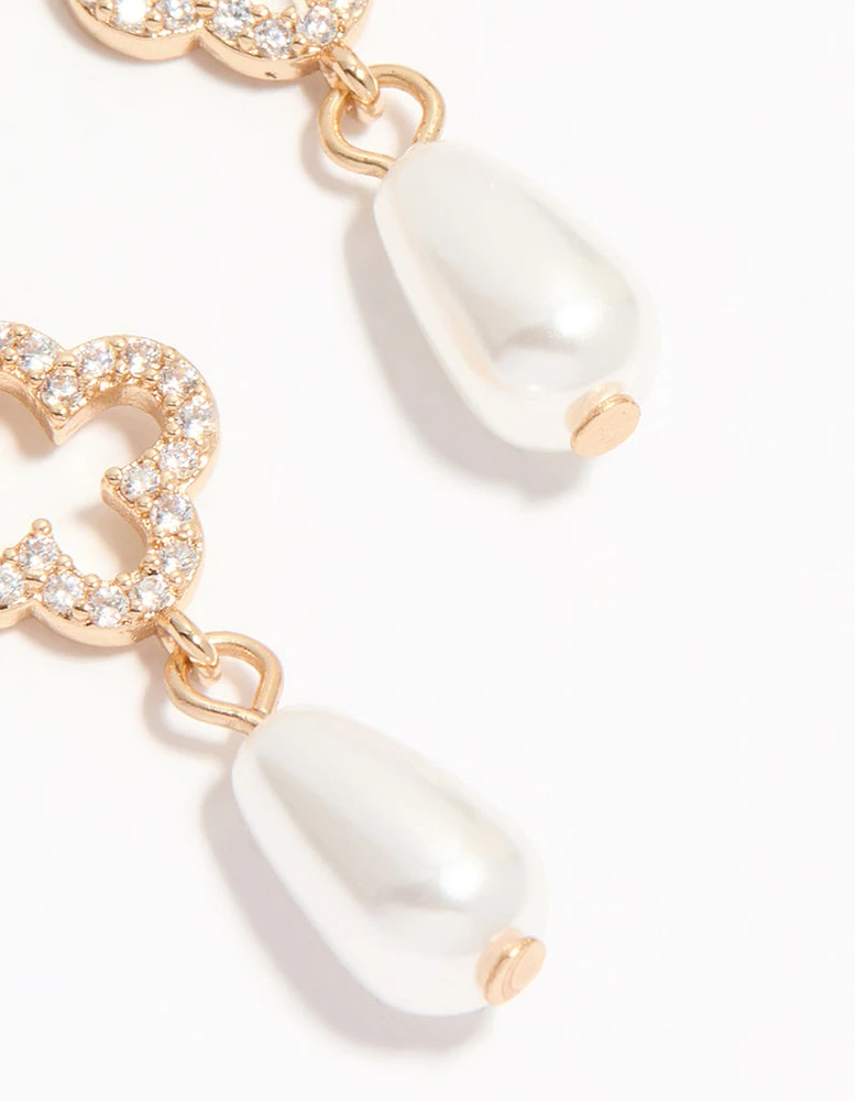 Gold Diamante Pearl Floral Huggie Earrings