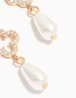 Gold Diamante Pearl Floral Huggie Earrings