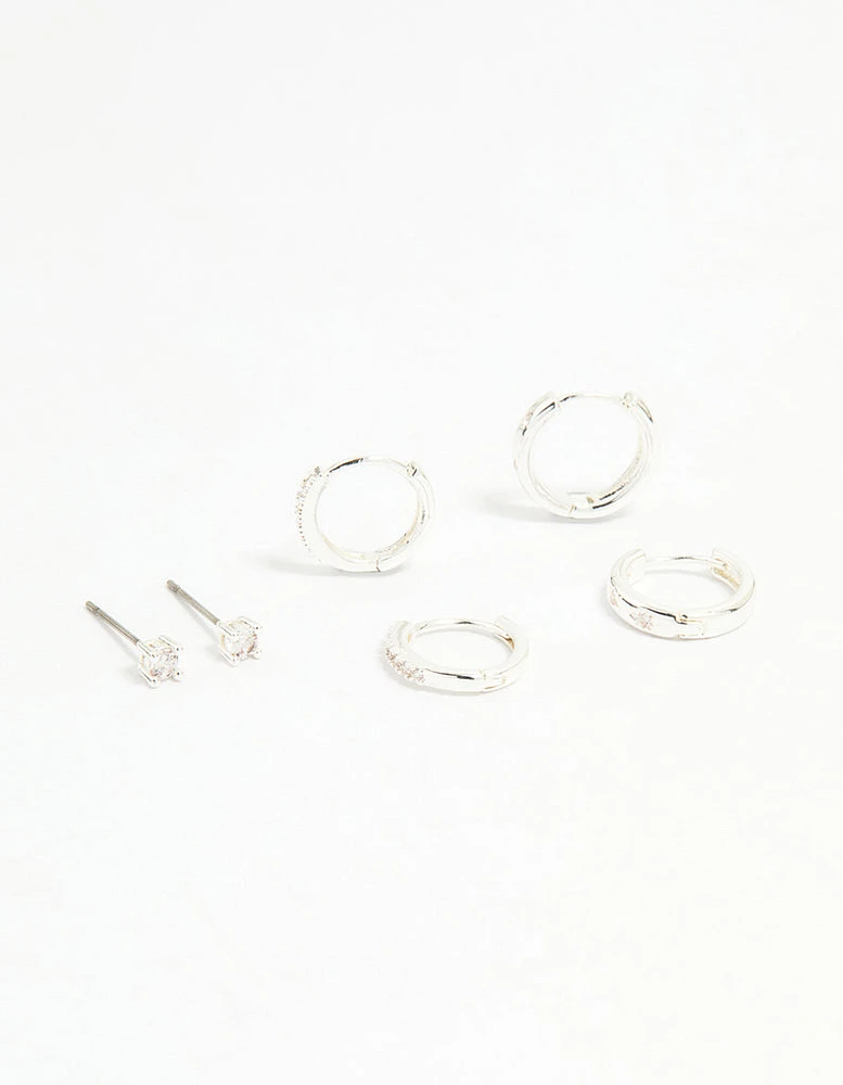 Silver Cubic Zirconia Celestial & Classic Huggie Earrings 3-Pack