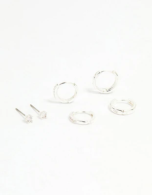 Silver Cubic Zirconia Celestial & Classic Huggie Earrings 3-Pack