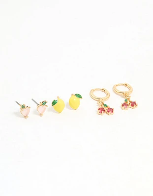 Gold Enamel Mixed Fruit Stud Earrings 3-Pack