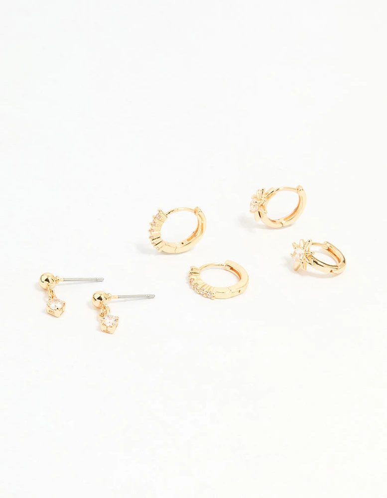 Gold Cubic Zirconia Mixed Cross Huggie & Stud Earrings 3-Pack