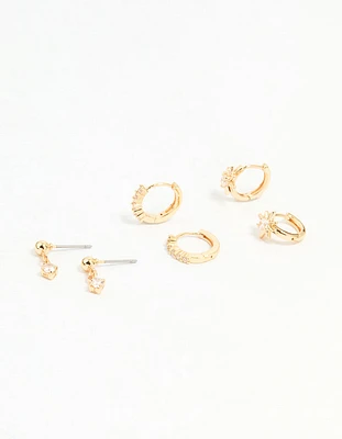 Gold Cubic Zirconia Mixed Cross Huggie & Stud Earrings 3-Pack