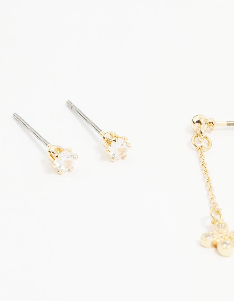 Gold Cubic Zirconia Chain & Stud Earrings 3-Pack