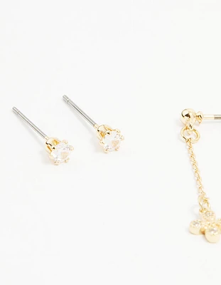 Gold Cubic Zirconia Chain & Stud Earrings 3-Pack