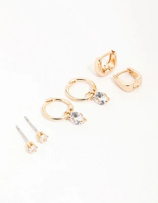 Gold Cubic Zirconia Huggie & Stud Earrings 3-Pack