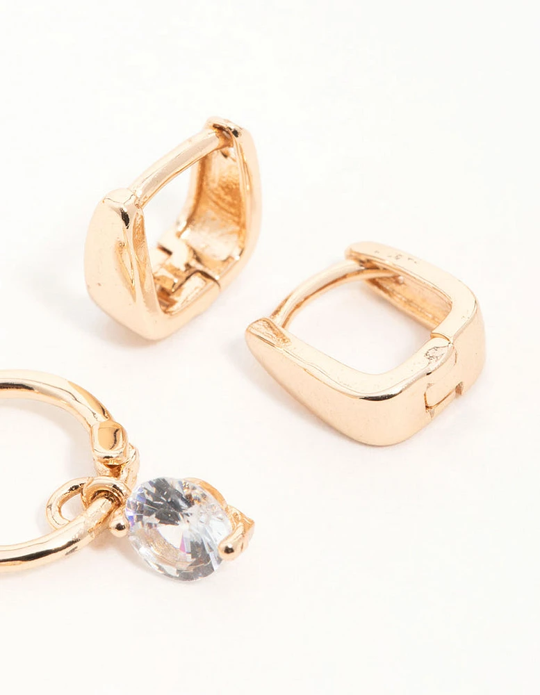 Gold Cubic Zirconia Huggie & Stud Earrings 3-Pack