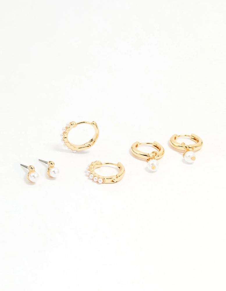 Gold Mixed Pearl Charm Huggie Earrings 3-Pack