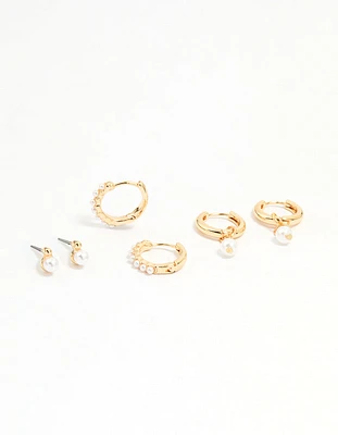 Gold Mixed Pearl Charm Huggie Earrings 3-Pack