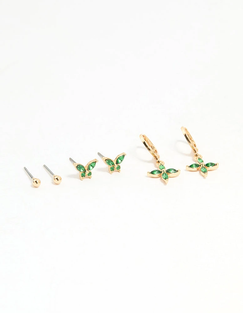 Gold Green Diamante Butterfly & Cross Mixed Stud Earrings 3-Pack