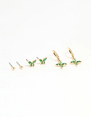 Gold Green Diamante Butterfly & Cross Mixed Stud Earrings 3-Pack