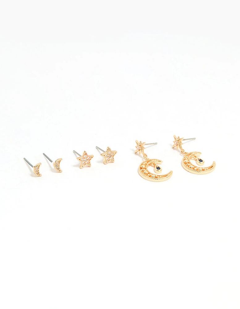 Gold Cubic Zirconia Celestial Drop & Stud Earrings 3-Pack