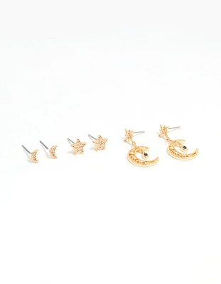 Gold Cubic Zirconia Celestial Drop & Stud Earrings 3-Pack