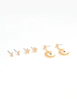 Gold Cubic Zirconia Celestial Drop & Stud Earrings 3-Pack