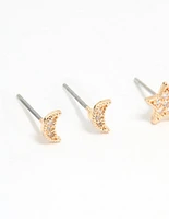 Gold Cubic Zirconia Celestial Drop & Stud Earrings 3-Pack