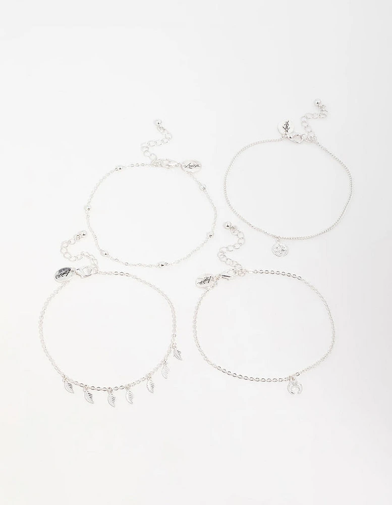 Antique Silver Leaf & Station Anklets 4-Pack