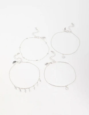 Antique Silver Leaf & Station Anklets 4-Pack