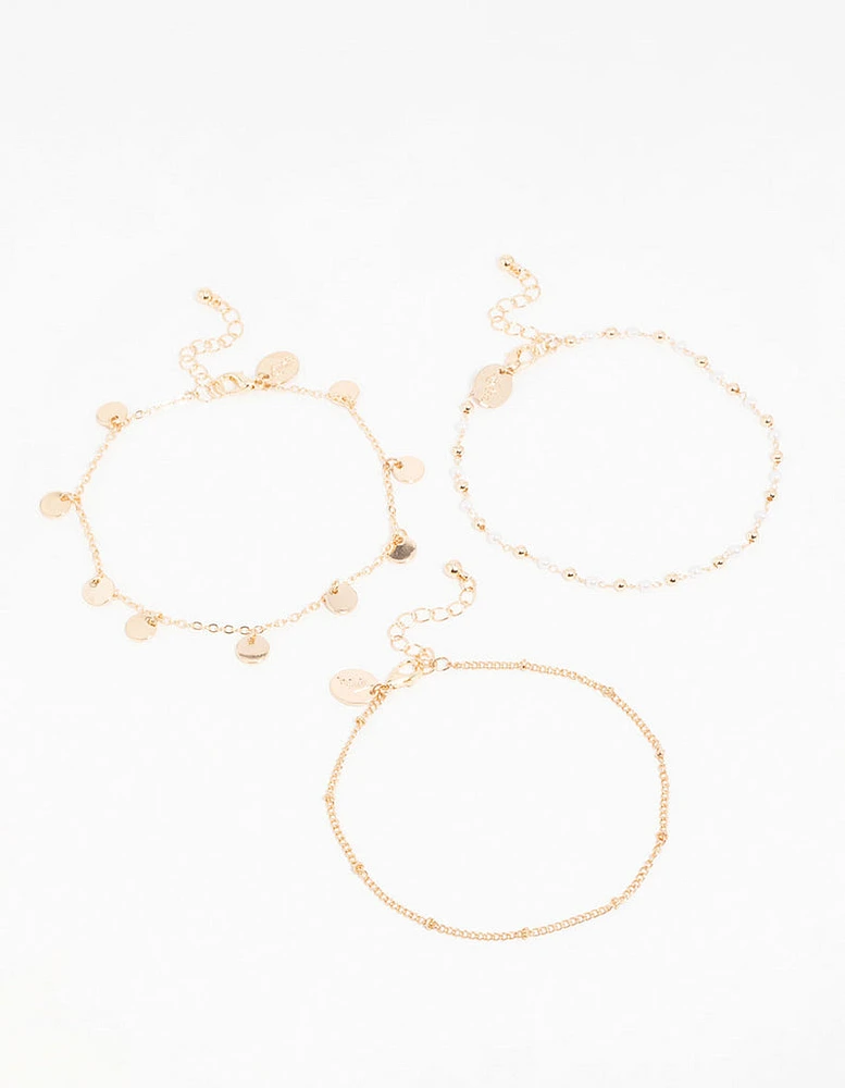Gold Pearl Disc & Twisted Anklets 3-Pack
