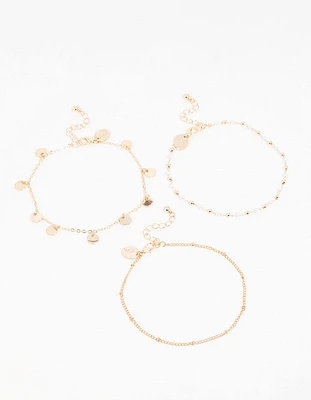 Gold Pearl Disc & Twisted Anklets 3-Pack