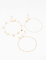 Gold Pearl Disc & Twisted Anklets 3-Pack