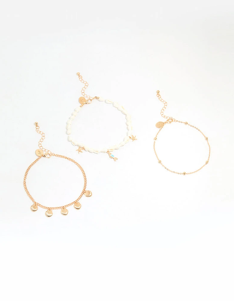 Gold Shell & Fish Charm Anklets 3-Pack