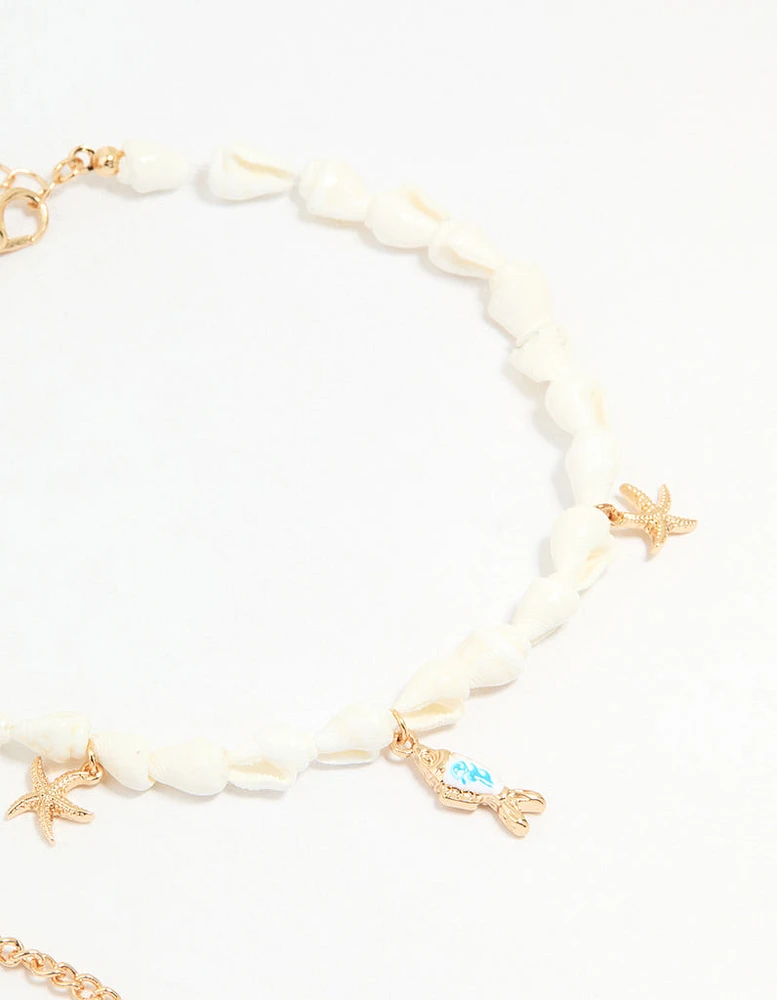 Gold Shell & Fish Charm Anklets 3-Pack