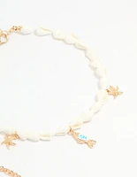 Gold Shell & Fish Charm Anklets 3-Pack