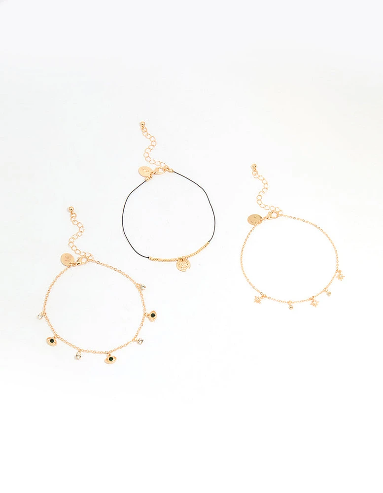 Gold Evil Eye & Coin Chain Anklets 3-Pack