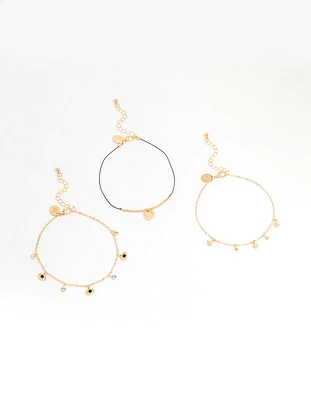Gold Evil Eye & Coin Chain Anklets 3-Pack