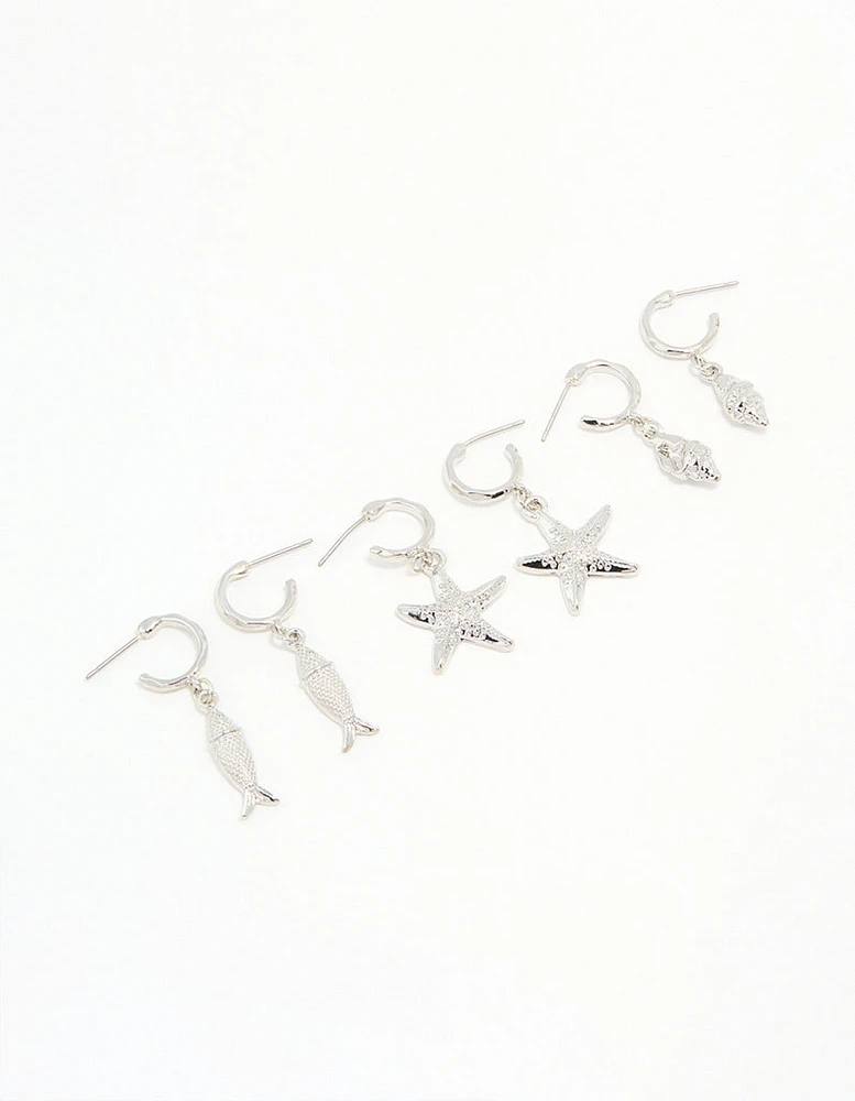 Silver Starfish & Shell Earrings 3-Pack