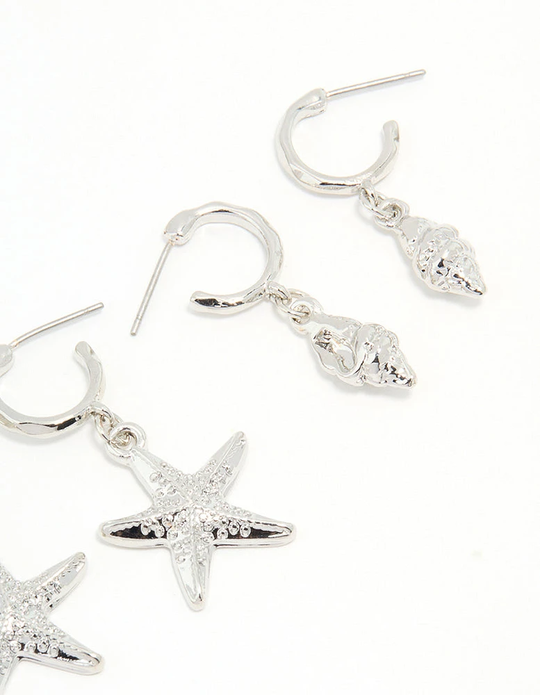 Silver Starfish & Shell Earrings 3-Pack
