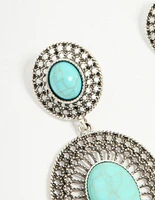 Antique Silver Turquoise Double Circle Net Drop Earrings