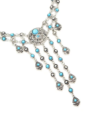 Antique Silver Turquoise Molten Layered Drop Necklace
