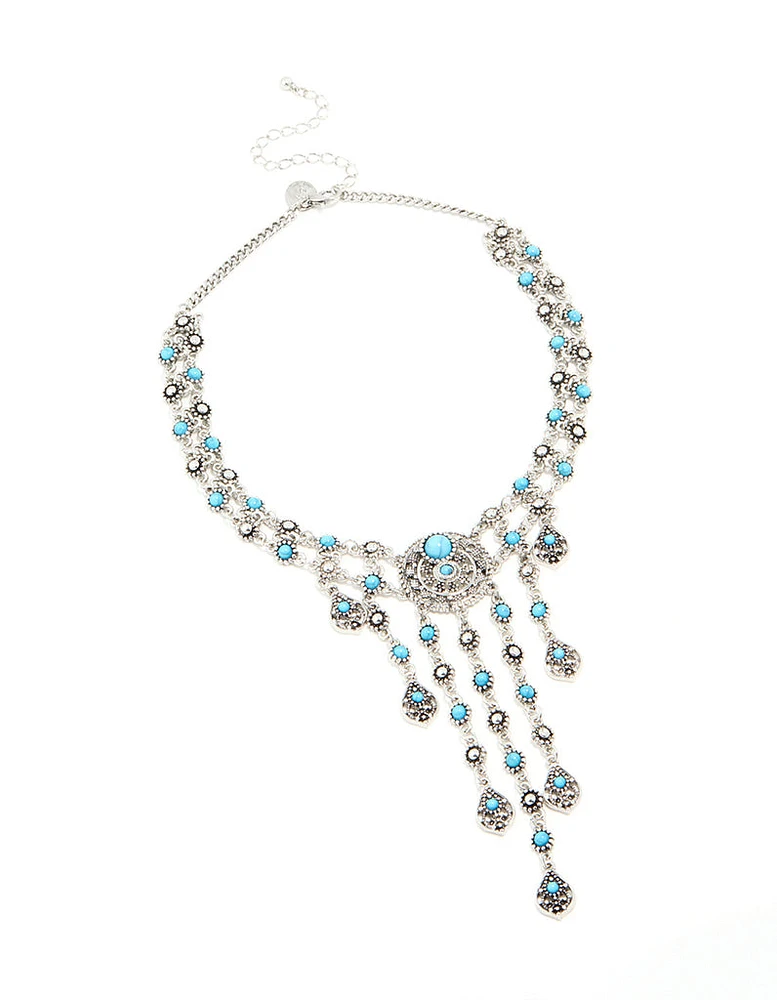 Antique Silver Turquoise Molten Layered Drop Necklace