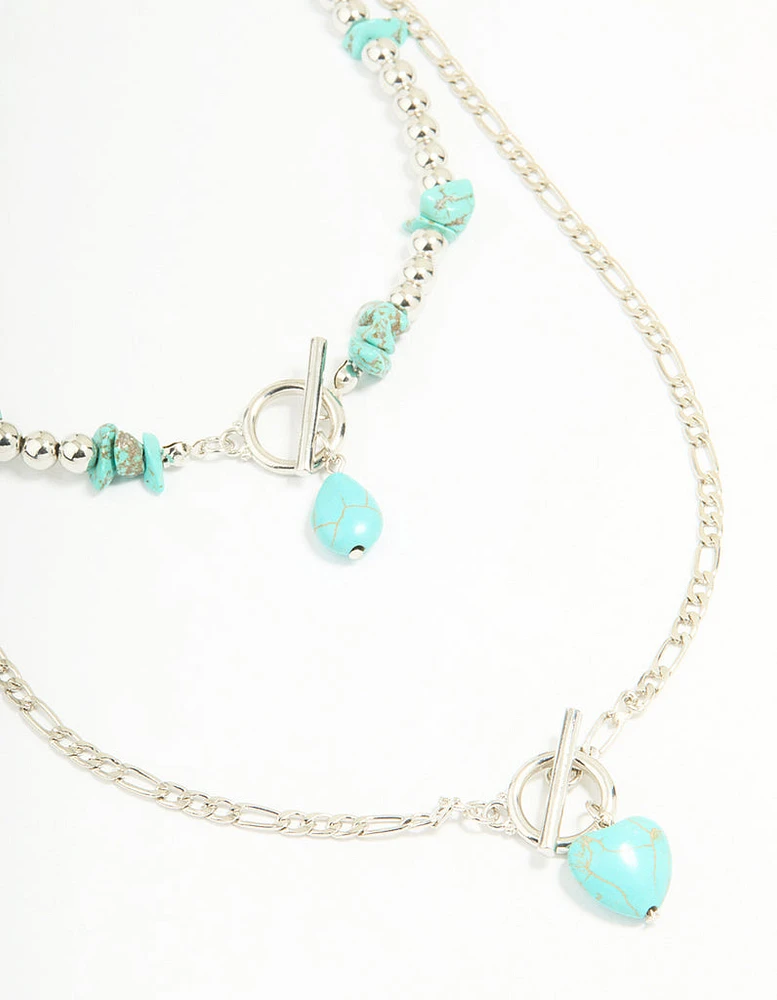 Antique Silver Turquoise T-Bar Heart Layered Necklace