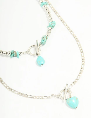 Antique Silver Turquoise T-Bar Heart Layered Necklace