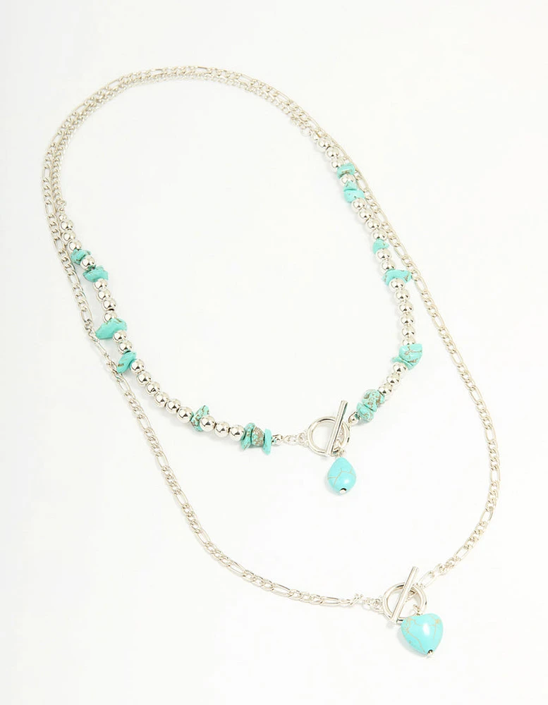 Antique Silver Turquoise T-Bar Heart Layered Necklace