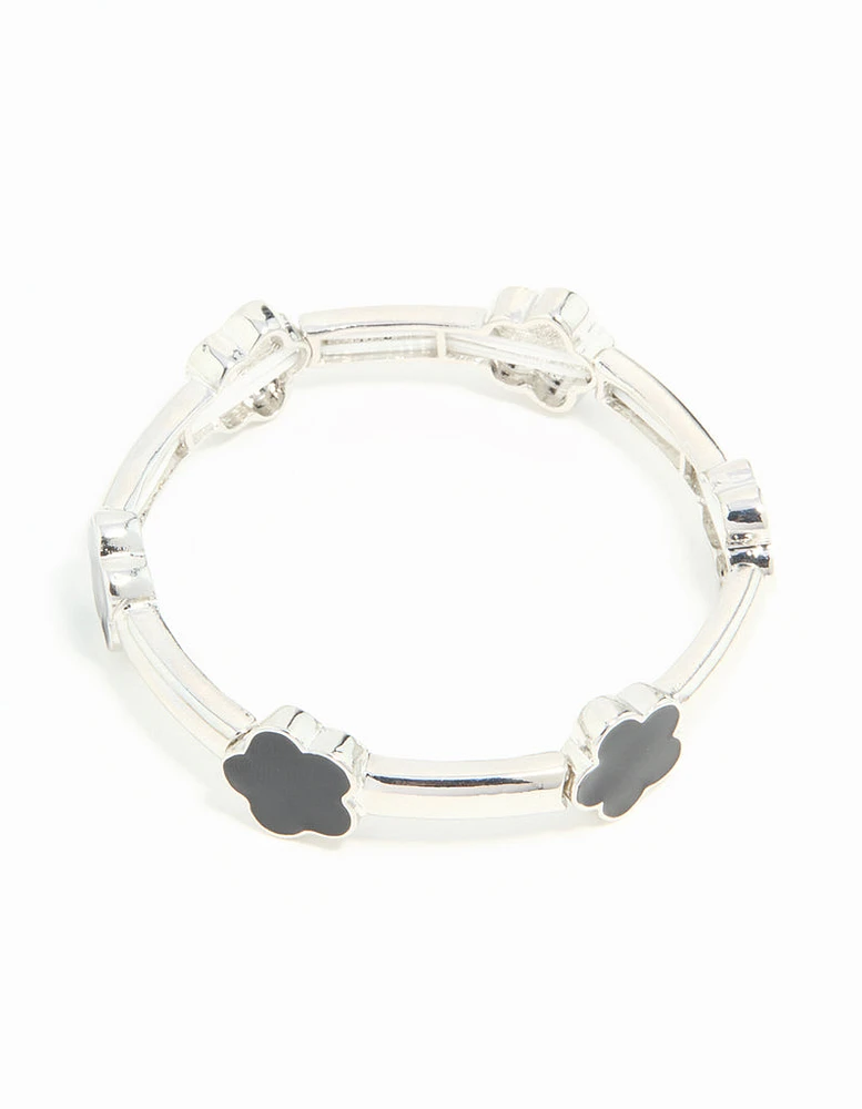Silver Black Floral Stretch Bracelet