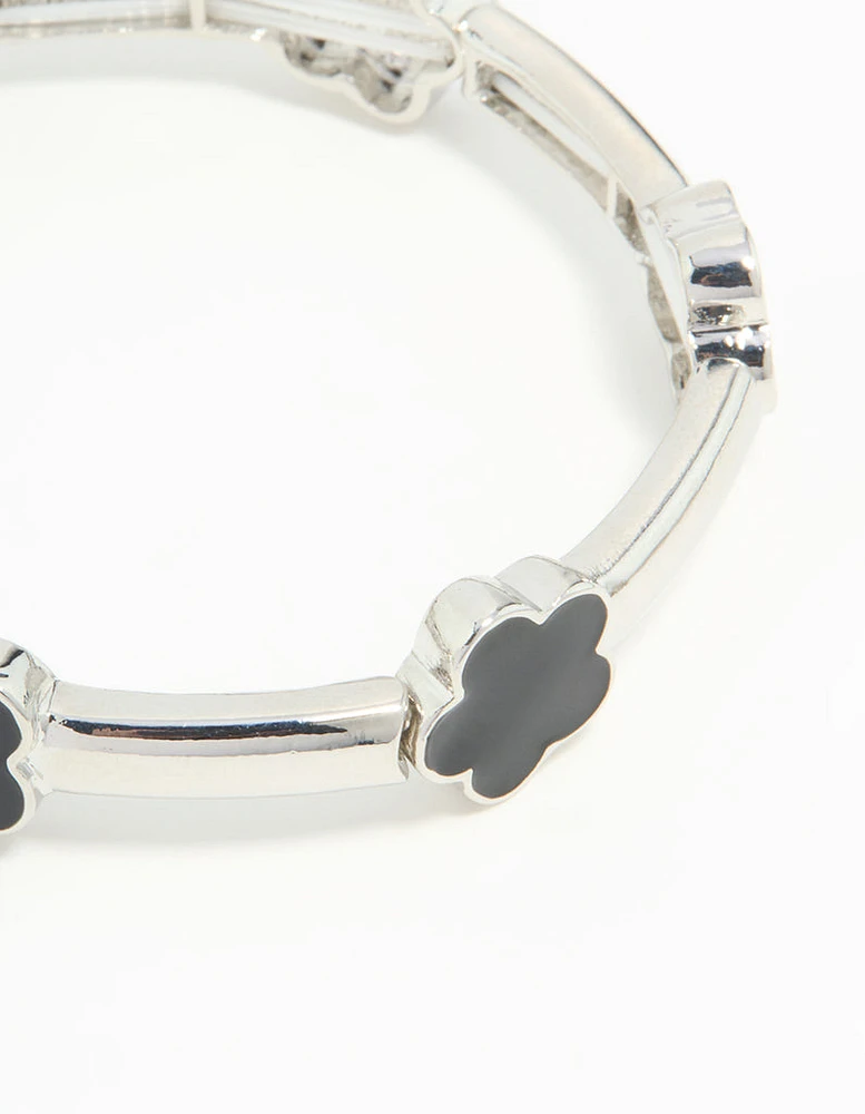 Silver Black Floral Stretch Bracelet