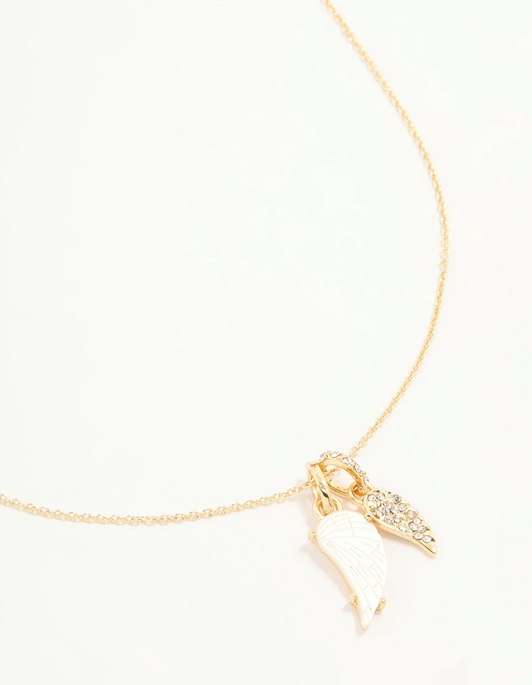 Gold Plated Diamante Wing Charm Pendant Necklace