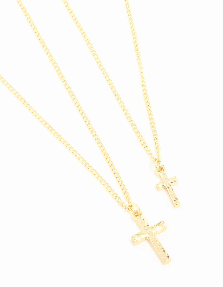 Gold Plated Hammered Cross Necklaces 2-Pack